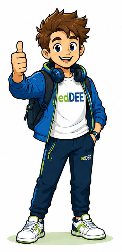 edDEE Lernbuddy – freundliche, sportliche Comicfigur mit blauem Outfit und Daumen hoch